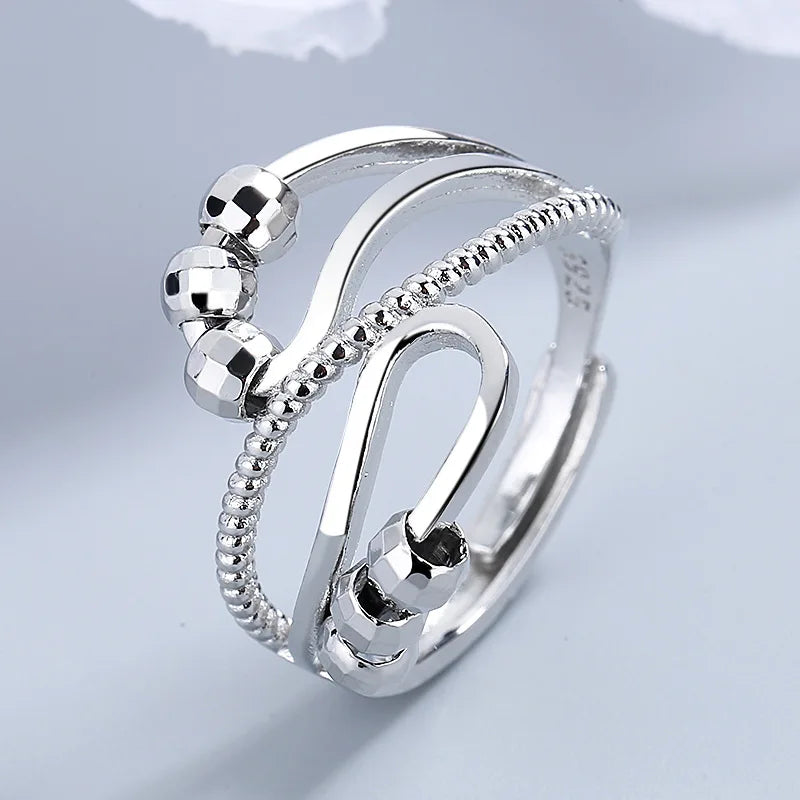 S925 Silver Plated Spinning Fidget Ring Twist Rotary Rotating Beaded Rings Fidget Adjustable Anxiety Rings for Ladies