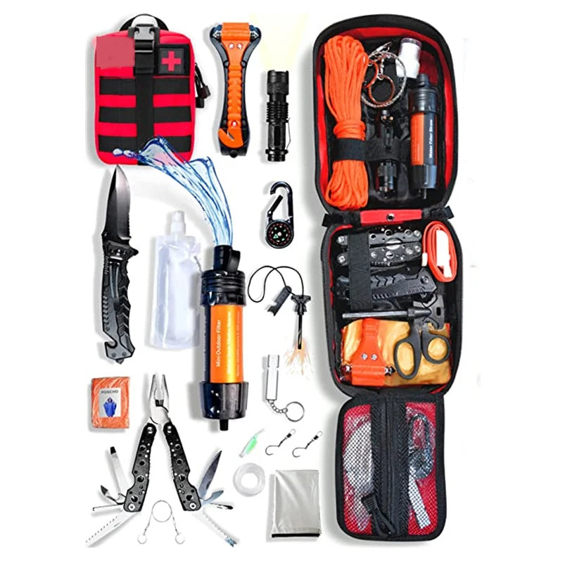 Hot Sale  Professional Survival Kit and First Aid Kit Emergency Tactical Tools Camping Accessories With Filter Straw Molle Bag