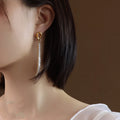 French Stainless Steel 18K Gold Plated Jewelry Full Diamond Zircon Long Drop Tassel Earring for Girls