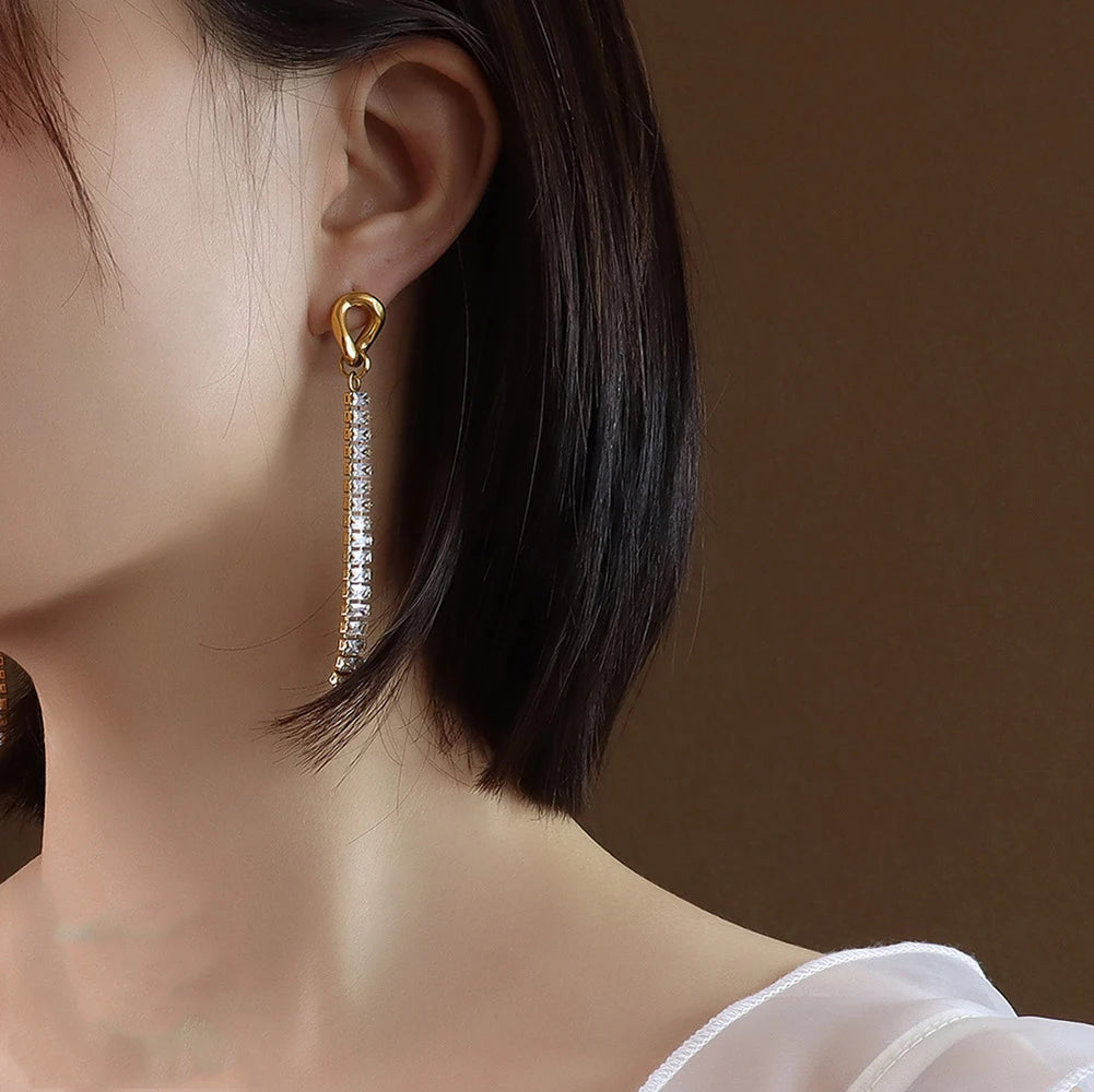 French Stainless Steel 18K Gold Plated Jewelry Full Diamond Zircon Long Drop Tassel Earring for Girls