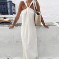 Enyami Women Sexy Lace-Up Long Halter Vacation Front Twist Backless Holiday Beach Pleated Women Casual Straight Maxi Dress