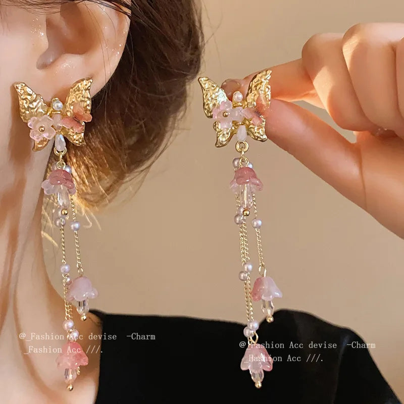 Sweety Pink Butterfly Flower Crystal Tassel Earrings for Women Simulated Pearl Beads Drop Earrings Girls Party Jewelry