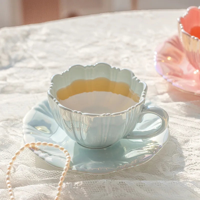 Solhui Ceramic Flower Petal Coffee Cup Set Gift Pearly Afternoon Cup and Saucer Wholesale
