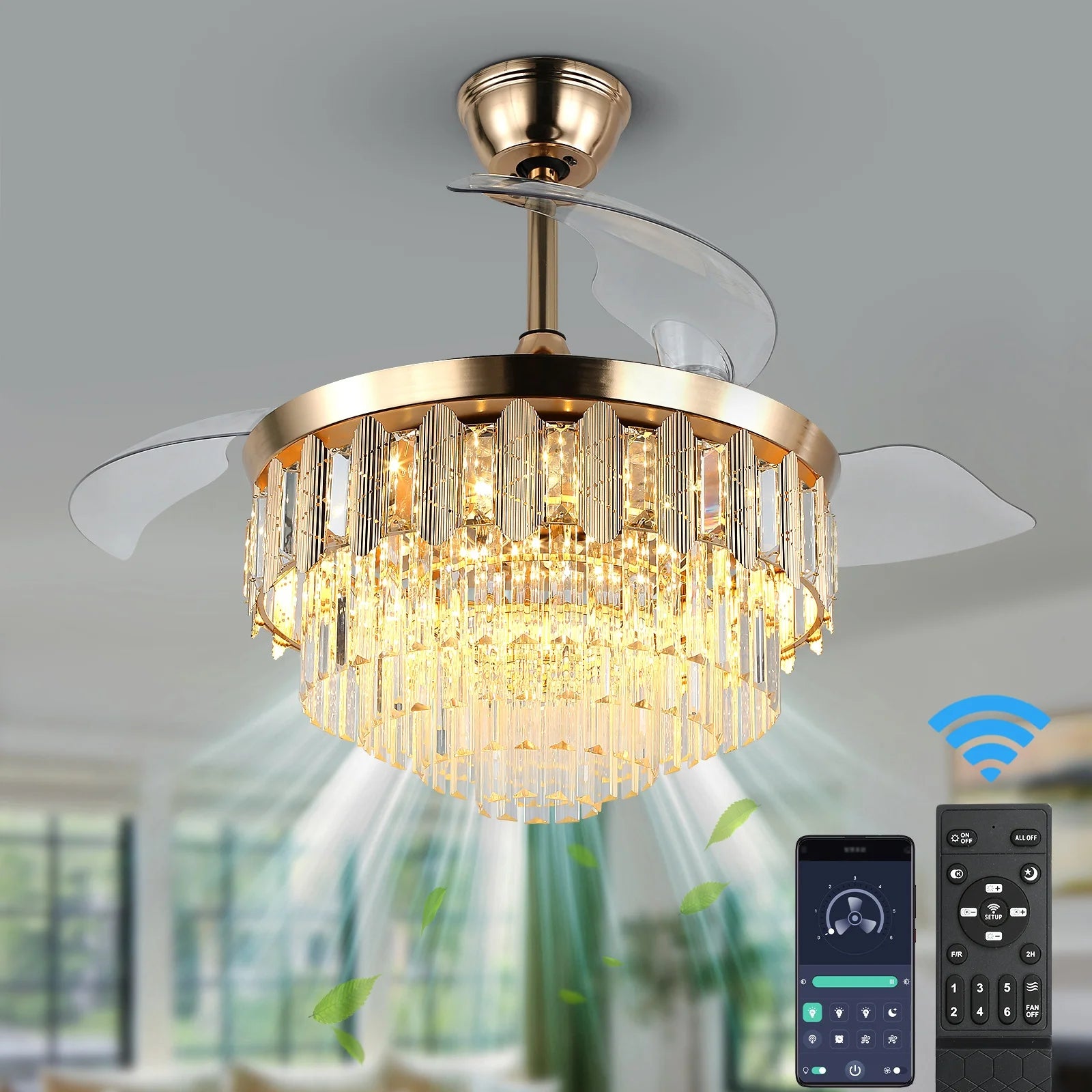Timer App 42 Inch 3 Blades Retractable Led Ceiling Fans With Light and Remote 3 Color Changing Modes for Bedroom Apartment