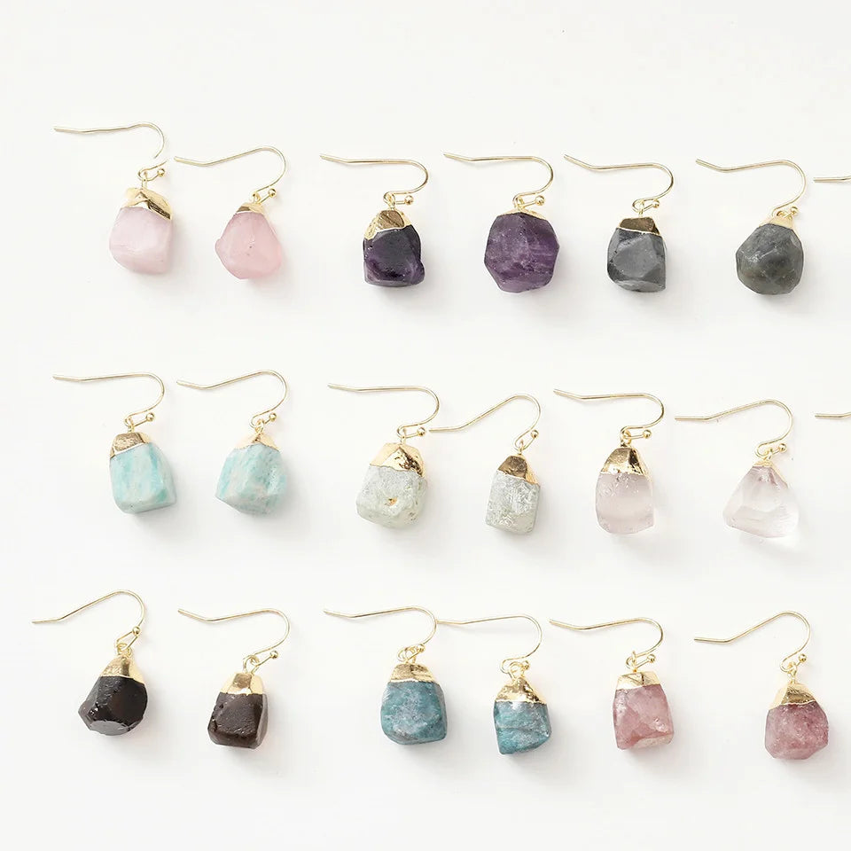 Natural Stone Raw Crystal Earrings Green Aventurine Amazonite Olivine Rose Quartz Charm Earrings