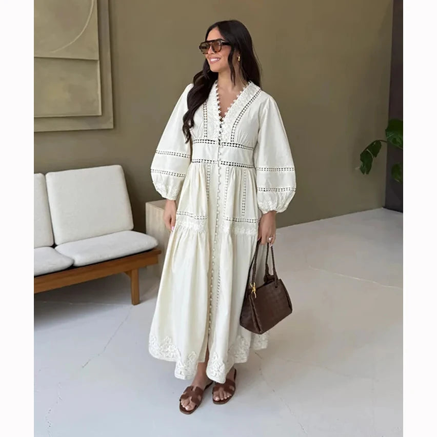 Female 2025 Spring New Lady Robes Solid V-neck Patchwork Puff Sleeve Bodycon Dress Elegant Lace Hollow Out Women's Long Dress