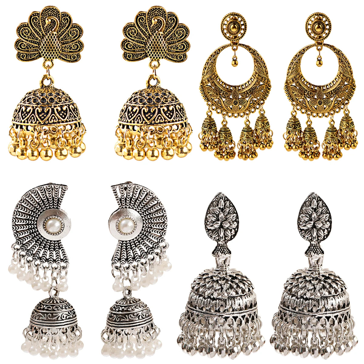 Set of 4 Fashion Handmade Gypsy Bohemian Gold Polish Oxidized Peacock Stud Beads Indian Small Jhumki Earrings