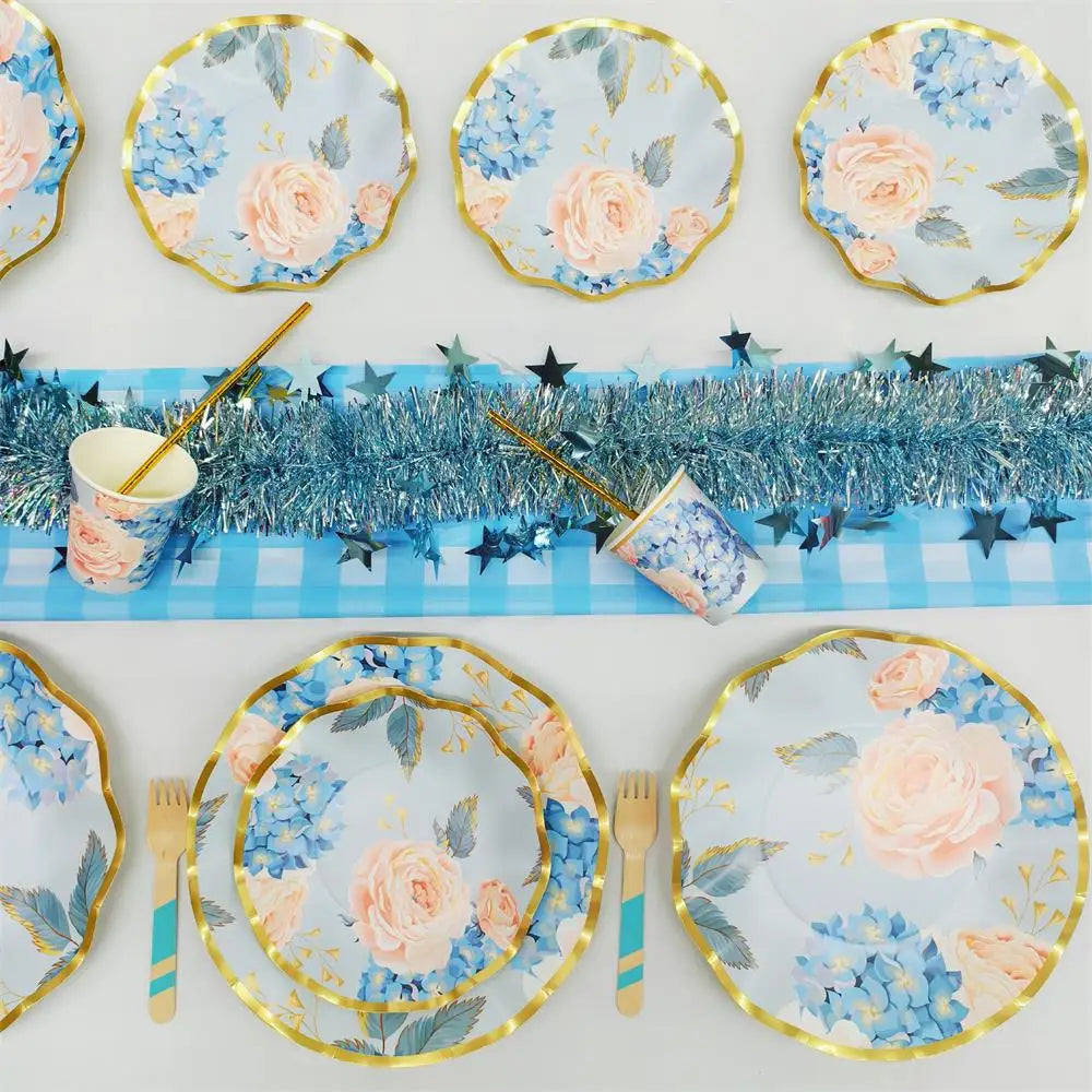 DAMAI Flower Tea Party Macaron Blue Girls Birthday Disposable Premium  Party Tableware Dinnerware Paper Cups Napkins Plates