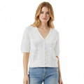 Custom Women Knit Sweater Embroidery Lace Patchwork Lady Knitwear Sweater Short Sleeve V Neck Button Hollow Out Women Cardigan