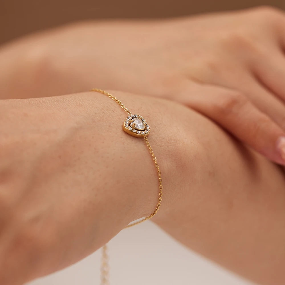 Love Heart Stainless Steel 18K Gold Plated Crystal Zircon Stone Bracelets for Women Fashion Jewelry Bracelets