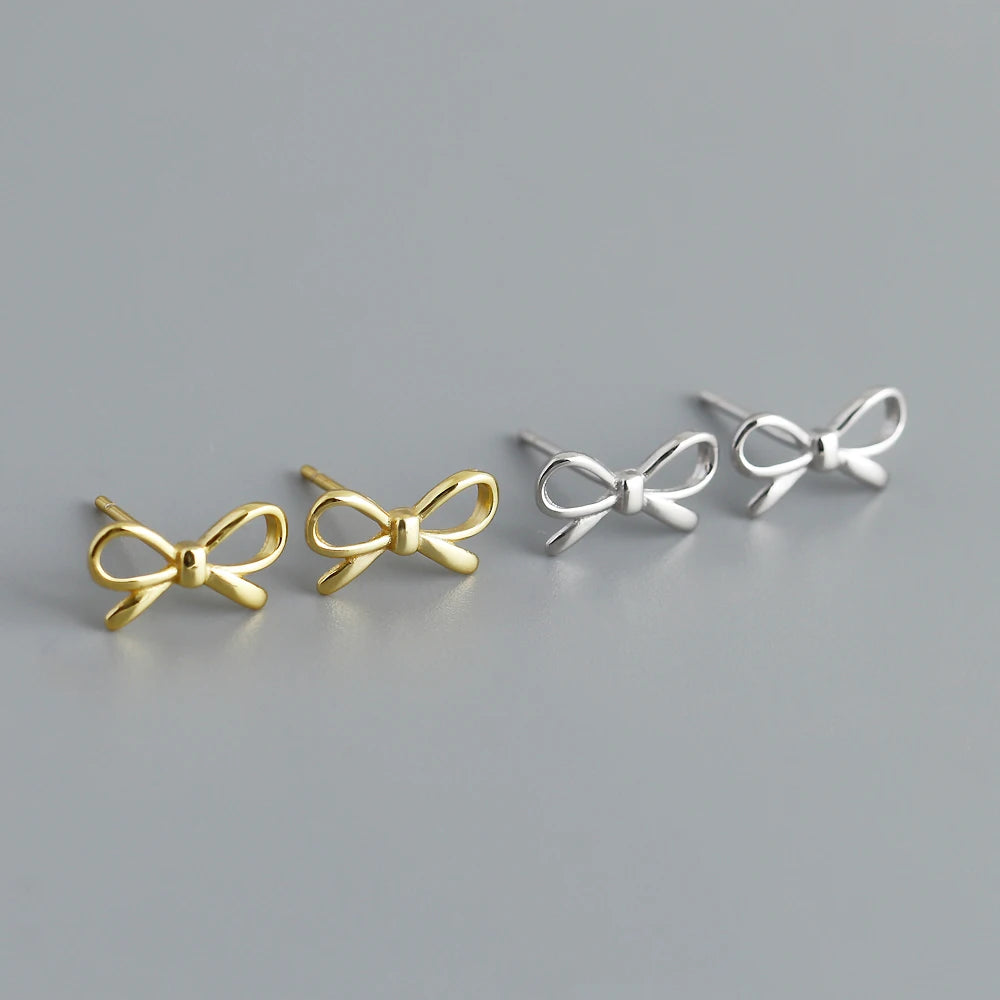 Ins Fashion 925 Silver Plain Simple Bow Stud Earrings Jewelry 18K Gold Plated Sterling Silver Stud Earrings for Women