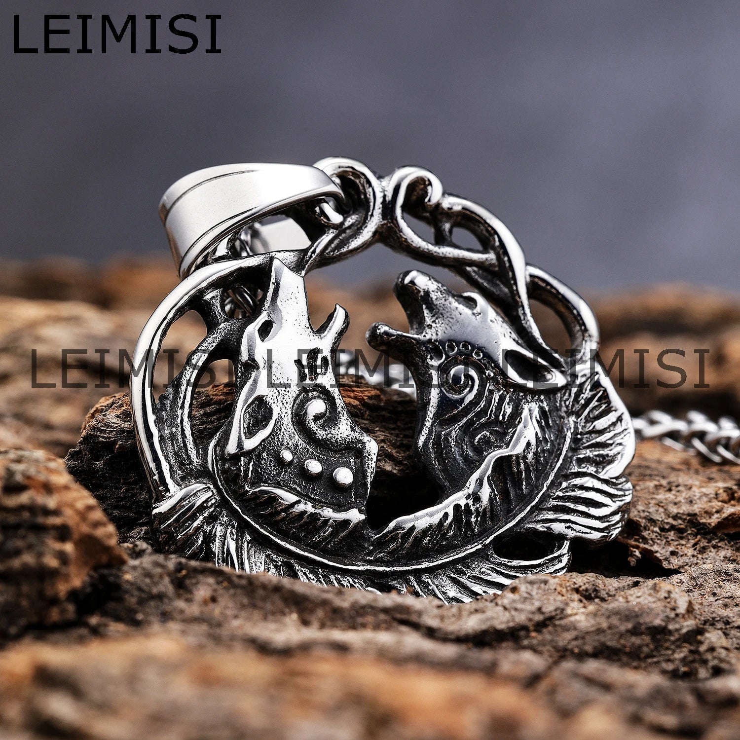 Wholesale Viking Howling Wolf Necklace Stainless Steel Double Couple Animal Wolf Pendants for Men Women