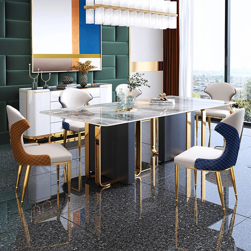 Light Luxury Italian Bright Face Rock Plate Rectangular Gold Steel Frame 6 Chairs Dining Room Sets