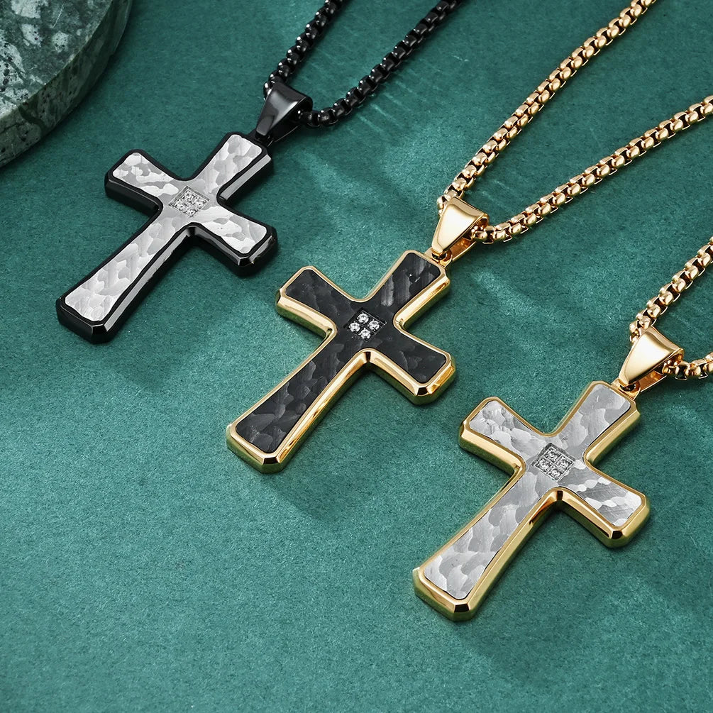 Male Stainless Steel Chain Jewelry Hammared Cross Diamonds Setting Pendant Christian Necklace Inspired Religious Gift Jewelry