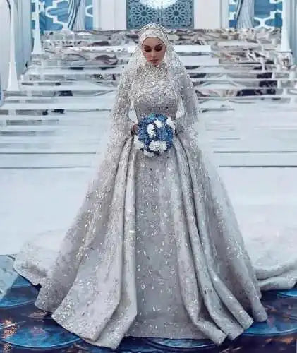 S8916F 2026 Elegant Royal Style High Quality Long Sleeve Bridal Round Neck and Chapel Train Plus Size Muslim Wedding Dress