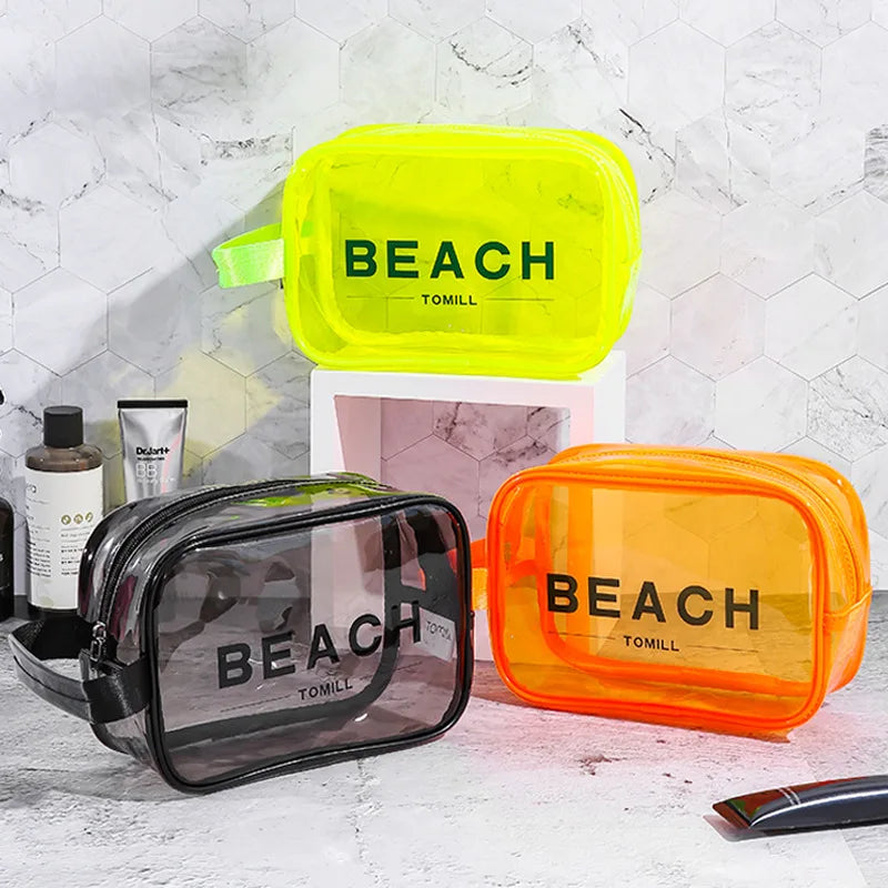Wholesale Cheap Custom Logo Make up Toiletry Bag Waterproof Portable Wrist PVC Beach  Clear Neon Cosmetic Bag