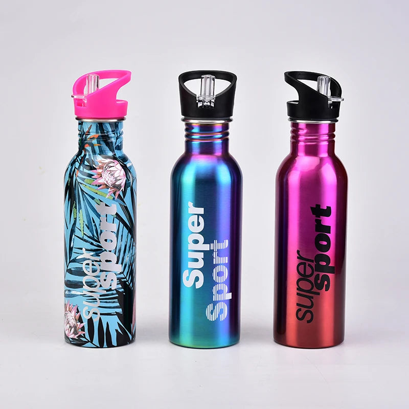 New Single-Layer Stainless Steel Vacuum Flask Cycling Water Bottle with Straw Portable Handheld Water Bottle for Outdoor Sports