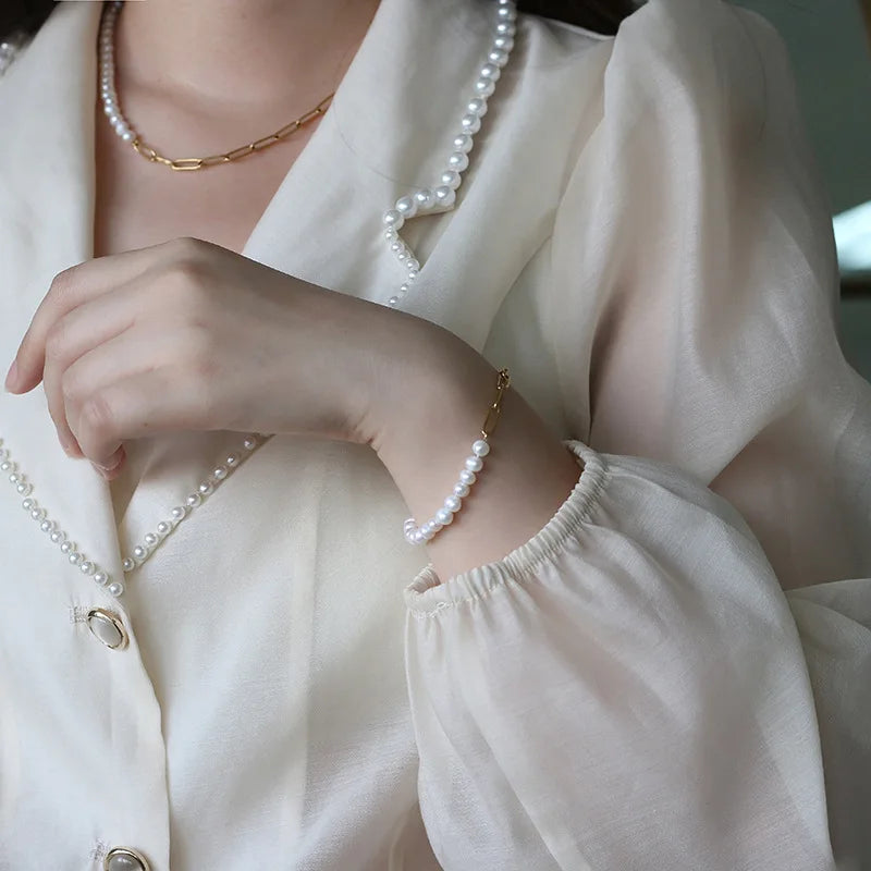 MJ Wholesale Custom 18K Gold Plated Stainless Steel Jewelry Handmade Pearl Half Piece Necklace