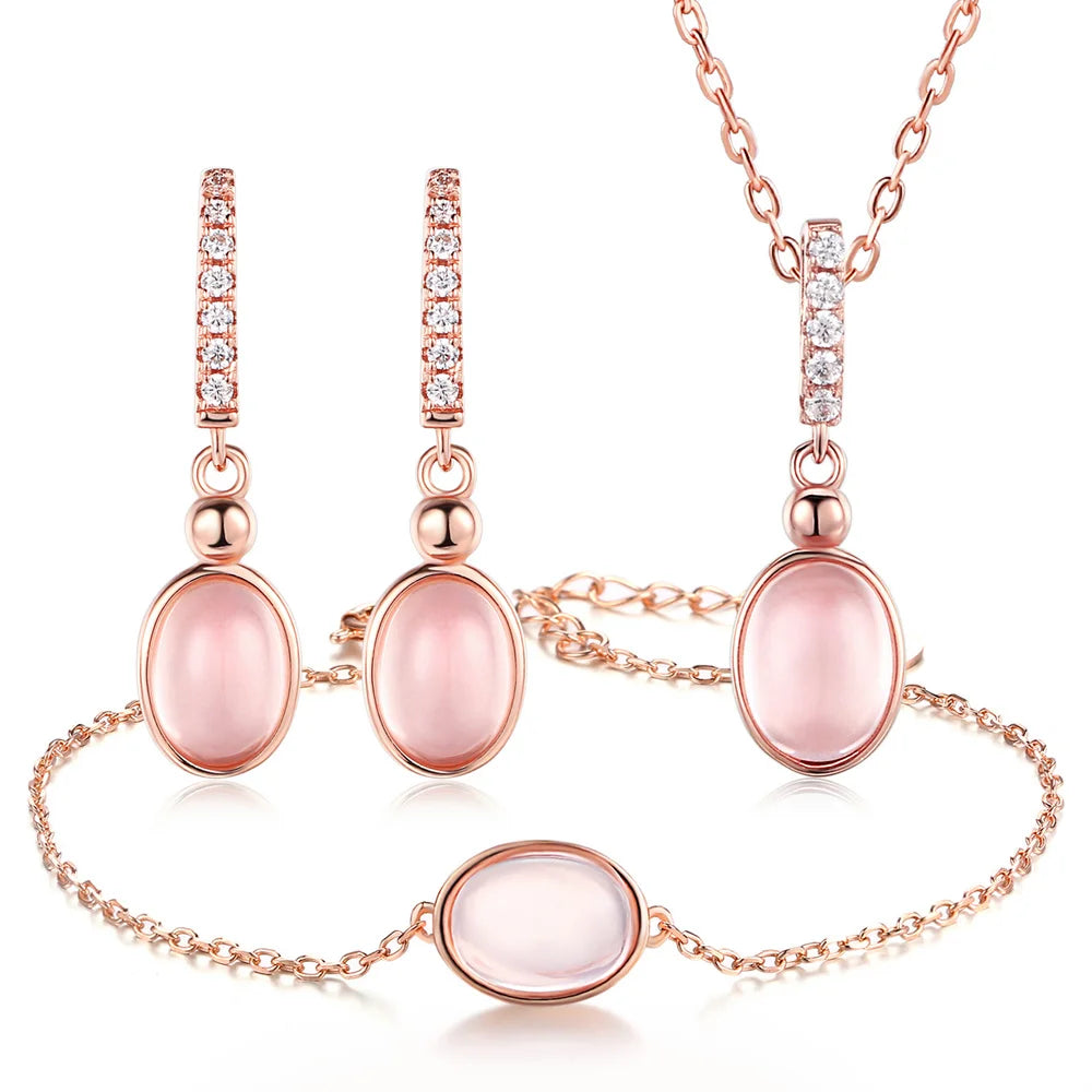 925 SILVER Rose Gold Plated Oval Natural Rose Quartz Jewelry Dangle Earrings Pendant Necklace Chain Bracelet Women Jewellery
