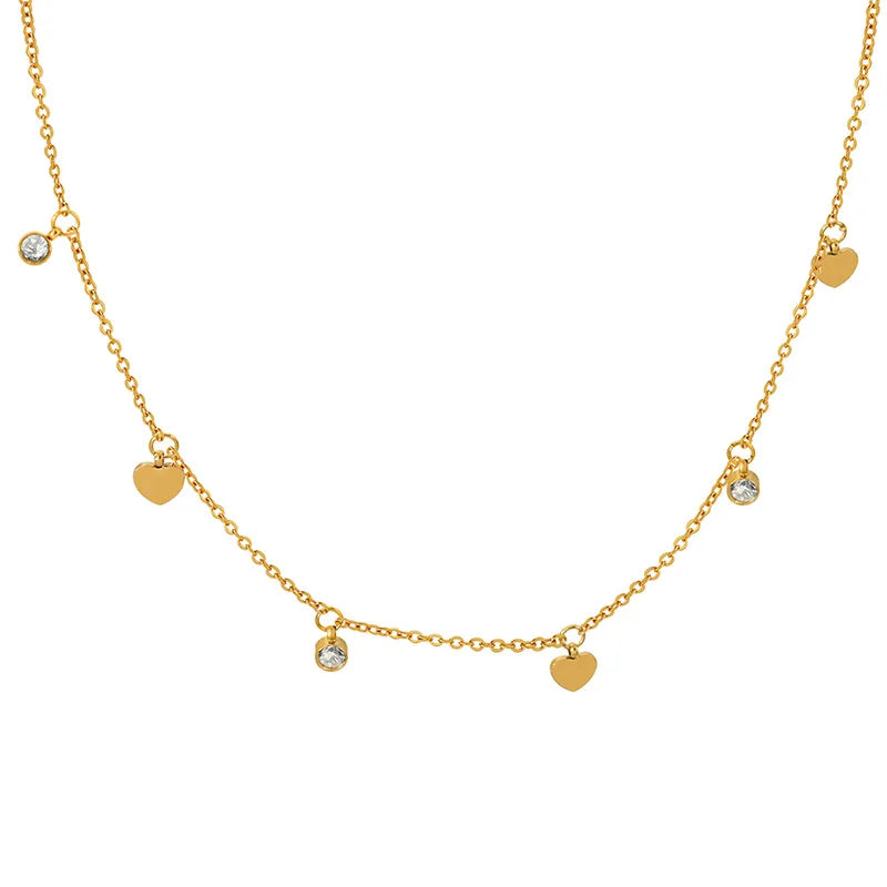 Hypoallergenic Collar Minimalist Jewelry Cute 18K Gold Stainless Steel Dainty Heart and Crystal CZ Charm Necklace for Women