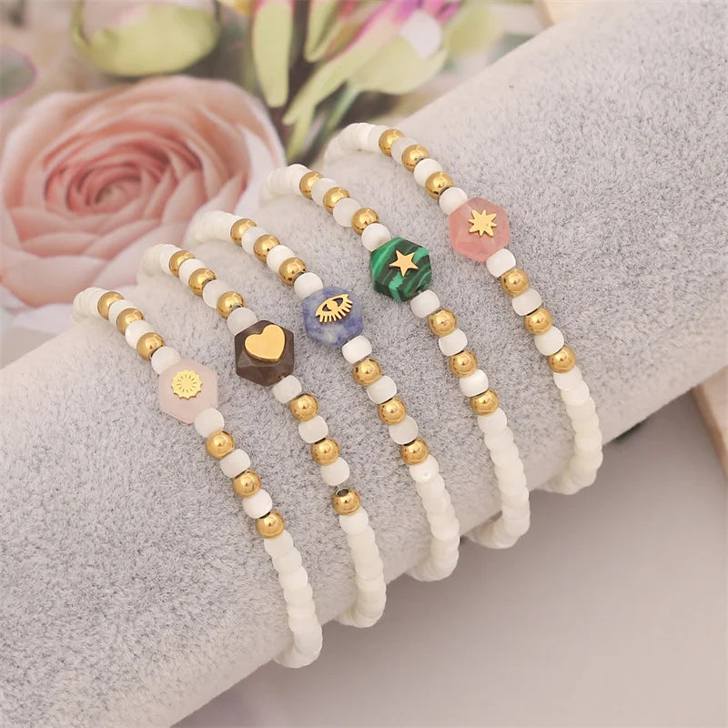 Fashion Hand Ornament Stainless Steel Bracelet Shell Pearl Beads Hexagonal Natural Stone Beaded Bracelet