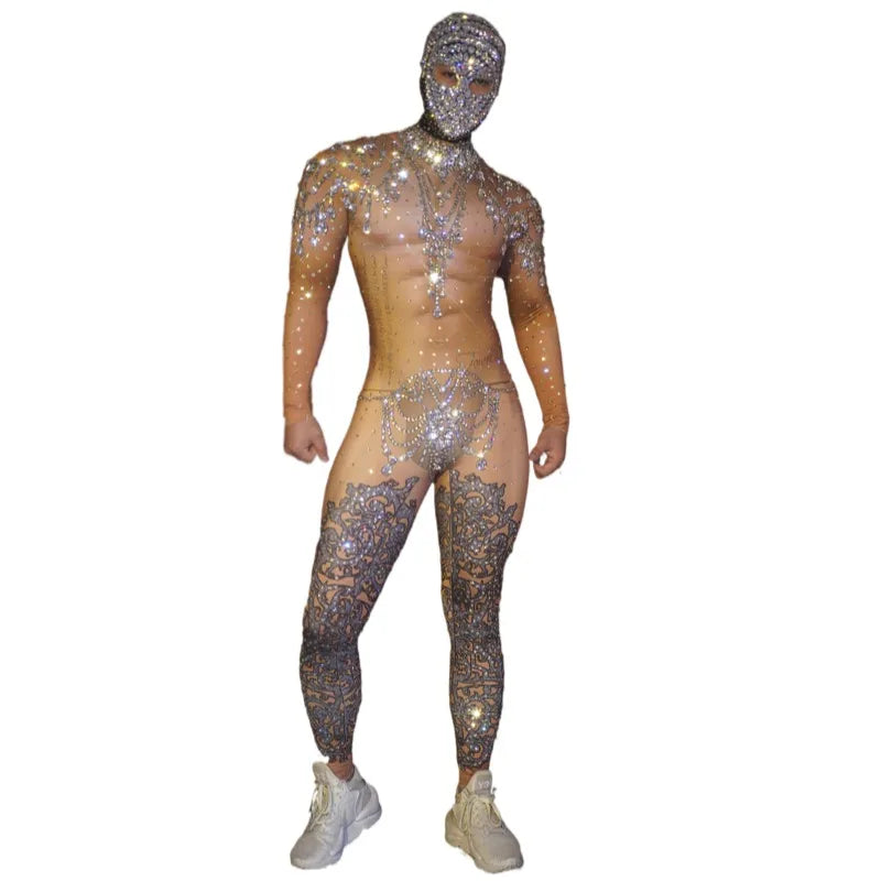Sparkly Nude Rhinestones Crystal Headgear Bodycon Jumpsuits for Men Stripper Club Pole Dance Stage Costume Performance Wear