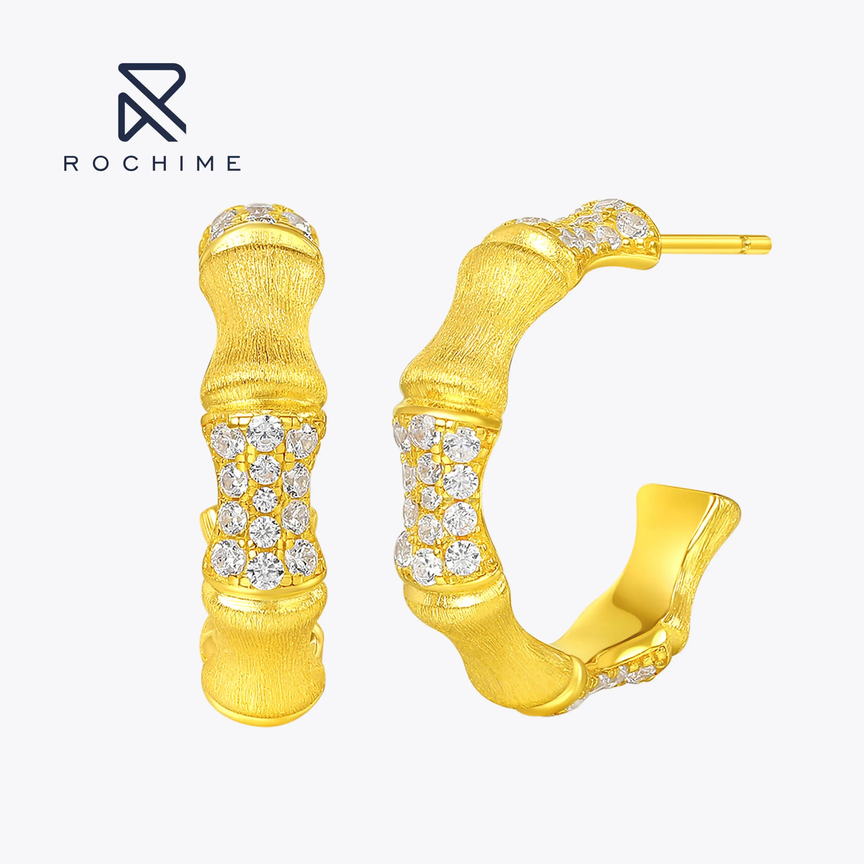 Rochime Brushed Plant Ring Bamboo Joint Diamond Stud Earrings  925 Sterling Silver Gold Plated 5a Zircon Jewelry for Women