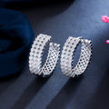 Korean Style Women Elegant Tri Row Round Cut Cubic Zircon Paved Simple Huggie Hoop Earrings for Wedding Party Lady Jewelry Gift