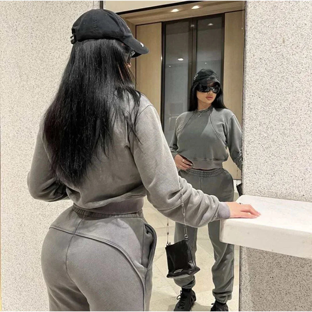 KY Heavy Weight Soft Washed 100%cotton Cropped Sweatshirt Womens Fleece Jogger New Streetwear Womens Stacked Joggers Set