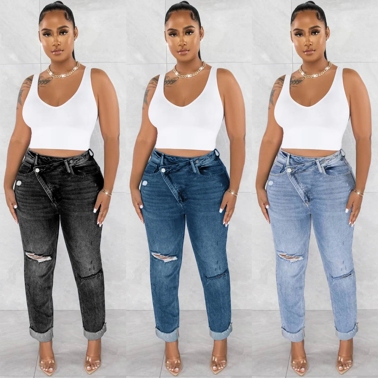 2026 New Arrival Hollow Out Jeans Women Mid-Waist Skinny Denim Pants Summer Women Buckle Stretch Jeans