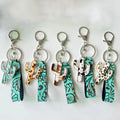 Western Style Genuine Leather Keychain Ethnic Leopard Cactus Embossed Alloy Key Ring for Women Gifts