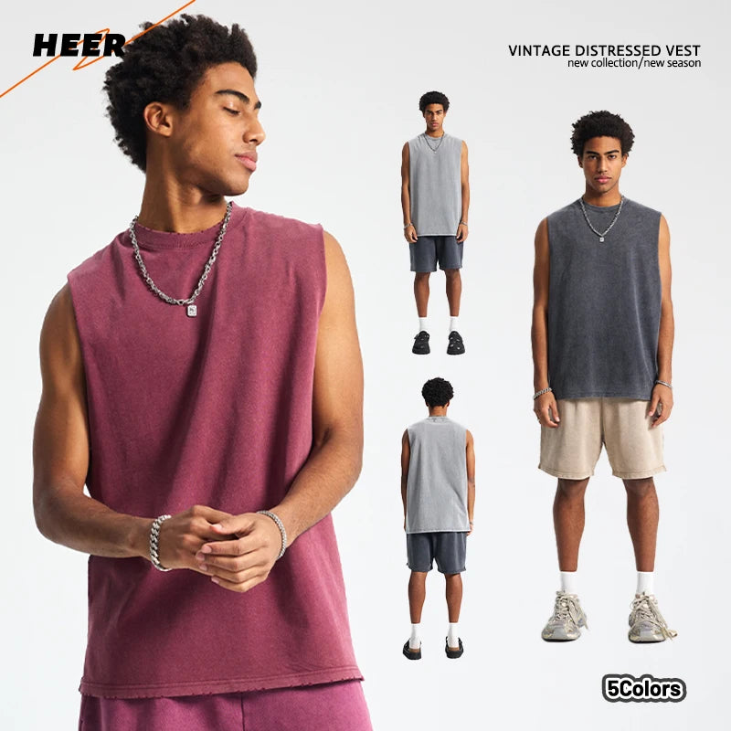 Wholesale Custom Men's Hip Hop Blank Loose Heavyweight Cotton Crew Neck Distressed Batik Tank Top