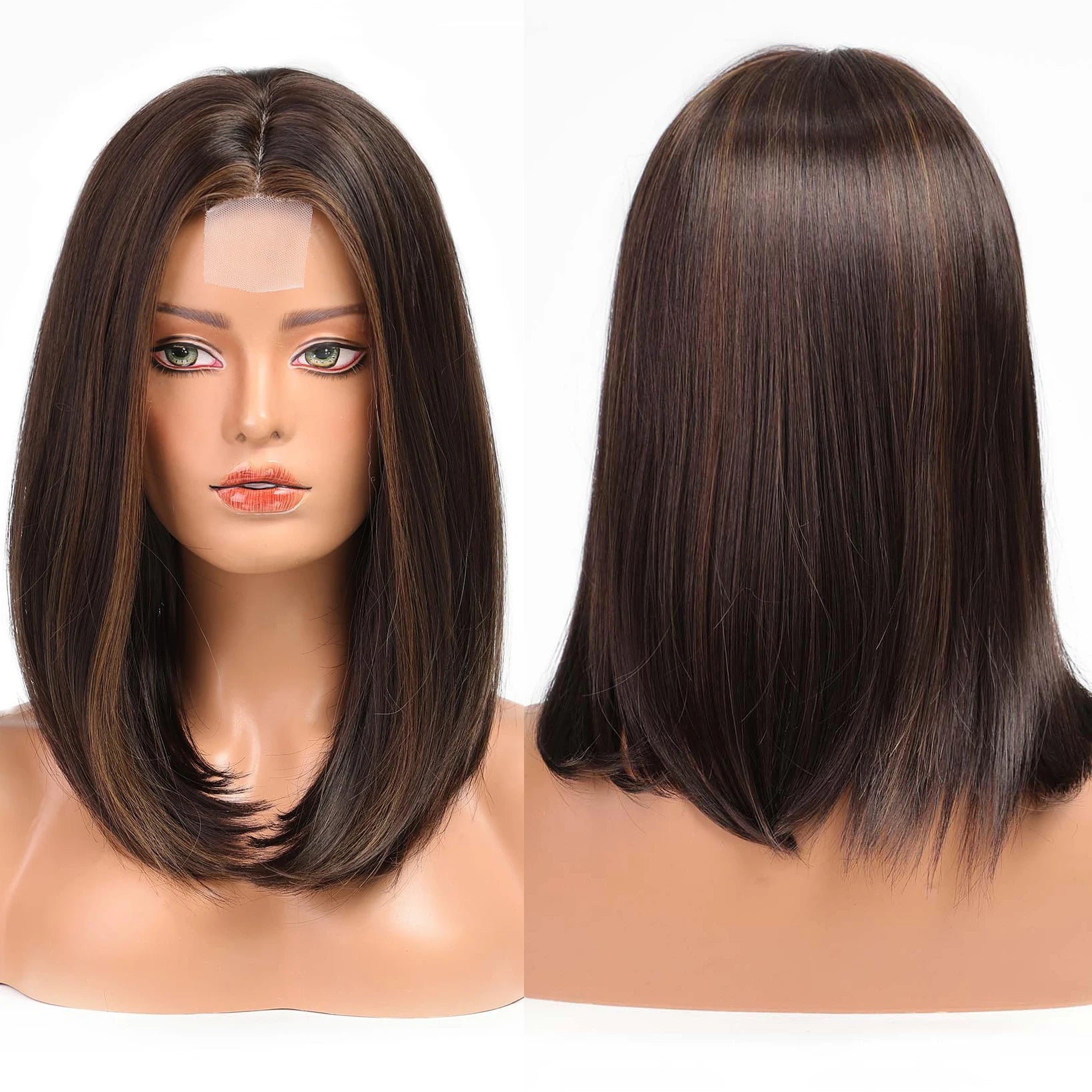 FTL007 Brown Medium Length Synthetic Wig Natural Hairline Hair Red Brown Striped Wig Female Daily Heat Resistant Lace Wig