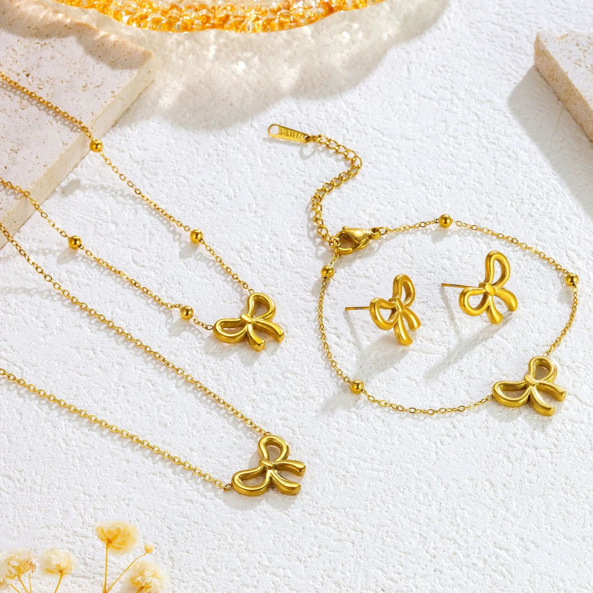 Gold Plated Adjustable Stainless Steel Charm Bowknot Necklace Bracelet Earrings for Women Sweet Bow Knot Jewelry Set