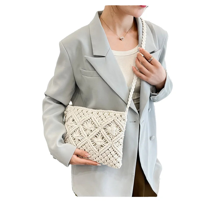 Woven Cotton Rope Fashion Shoulder Crossbody Handbag with ZIP Closure Portable for Women Summer Autumn Spring Travel