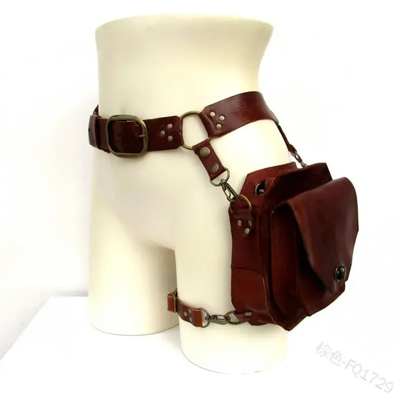 Unisex Medieval Leather Rivet Drop Leg Bag Steampunk Retro Rock Waist Belt Bag Crossbody Waist Bags Phone Pouch