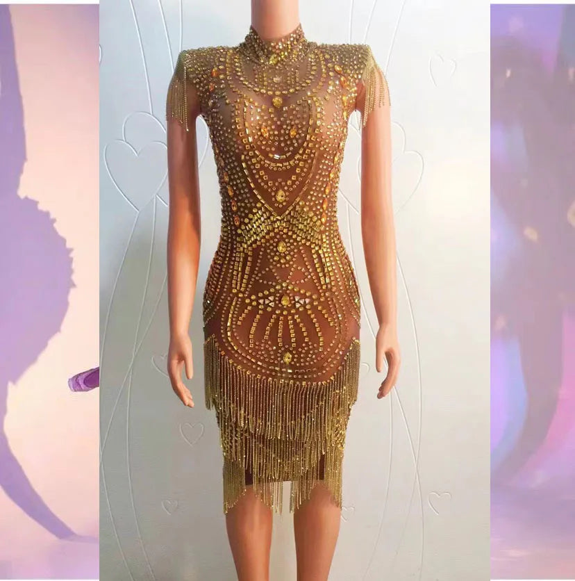 Luxury  Crystal Party Show Diamond  Women Elegant Birthday Party Show Crystals Luxury Golden Dress