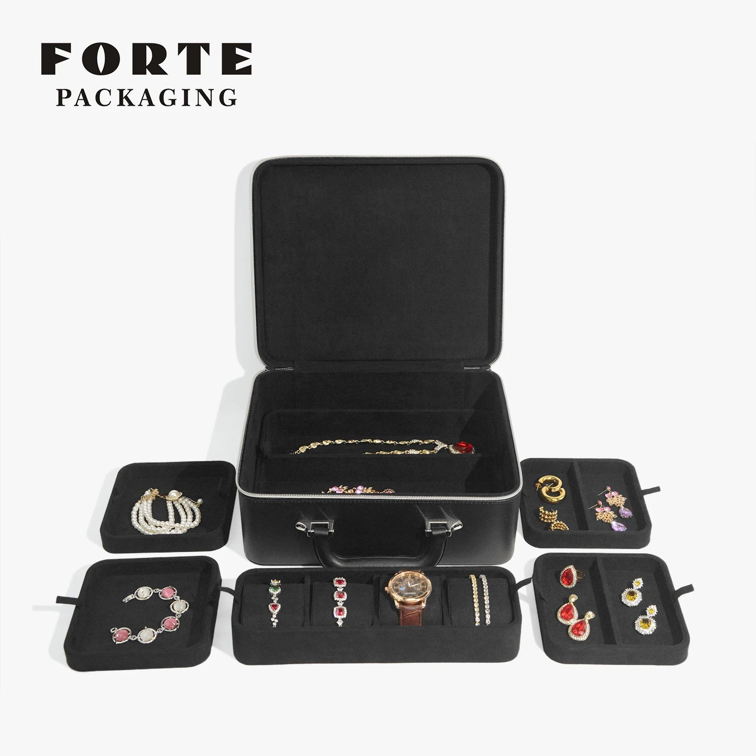 FORTE Luxurious Hot Selling Pu Leather Customized Size Travel Jewelry Box Organizer with Handle Watch Case Storage