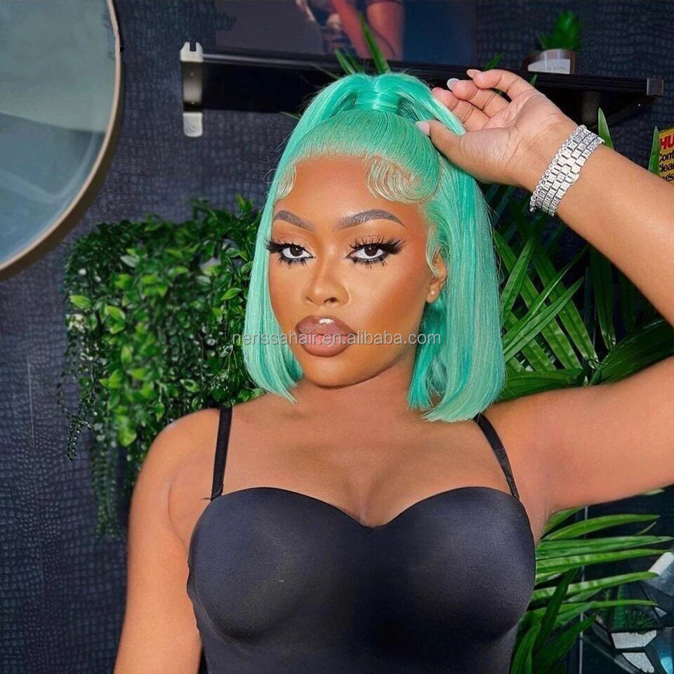 200%Density Orange Red Blue Blonde Pink Purple Mint Green Different Colored Human Hair Short Bob Glueless13X4 Lace Frontal Wigs