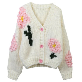 Fashion Hand Knit Floral V Neck Buttons up Knitted Cardigan Women Sweater Mujer