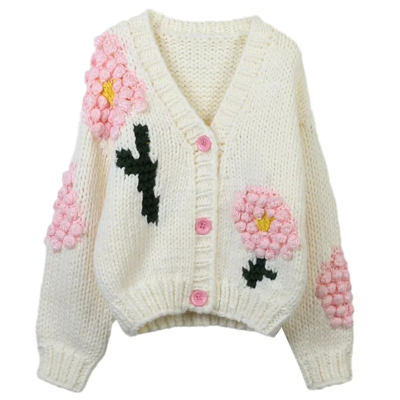 Fashion Hand Knit Floral V Neck Buttons up Knitted Cardigan Women Sweater Mujer