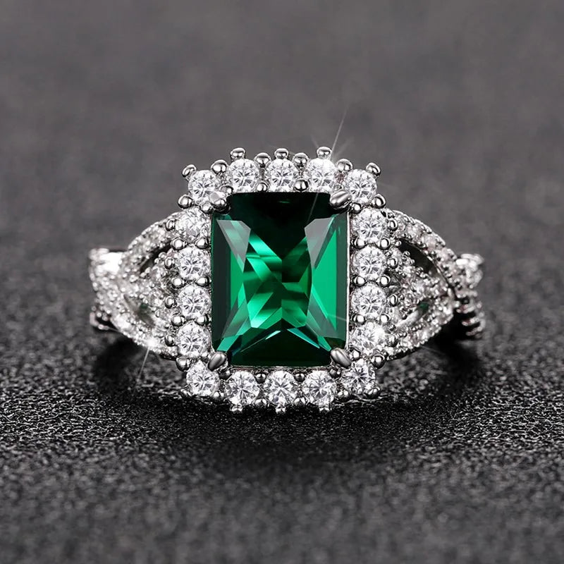 CAOSHI Manufacture Classic Women Green Square Emerald Cut Gemstone Baguette Finger Rings Paved CZ Silver Wedding Ring