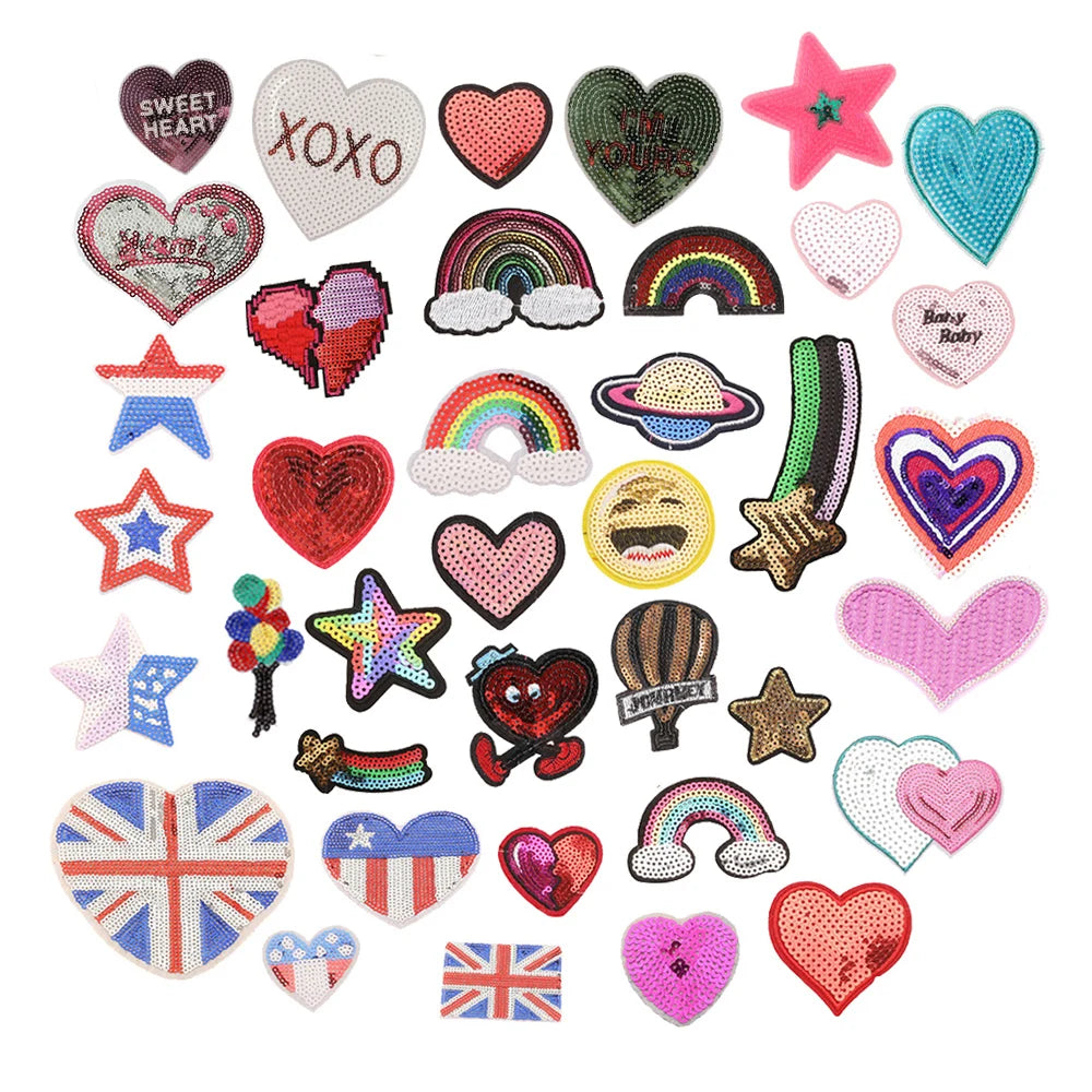 Hot Sale Competitive Price Bulk Stock Heart Star rainbow Design Embroidered Sequin Iron on Patches for Clothes Bag