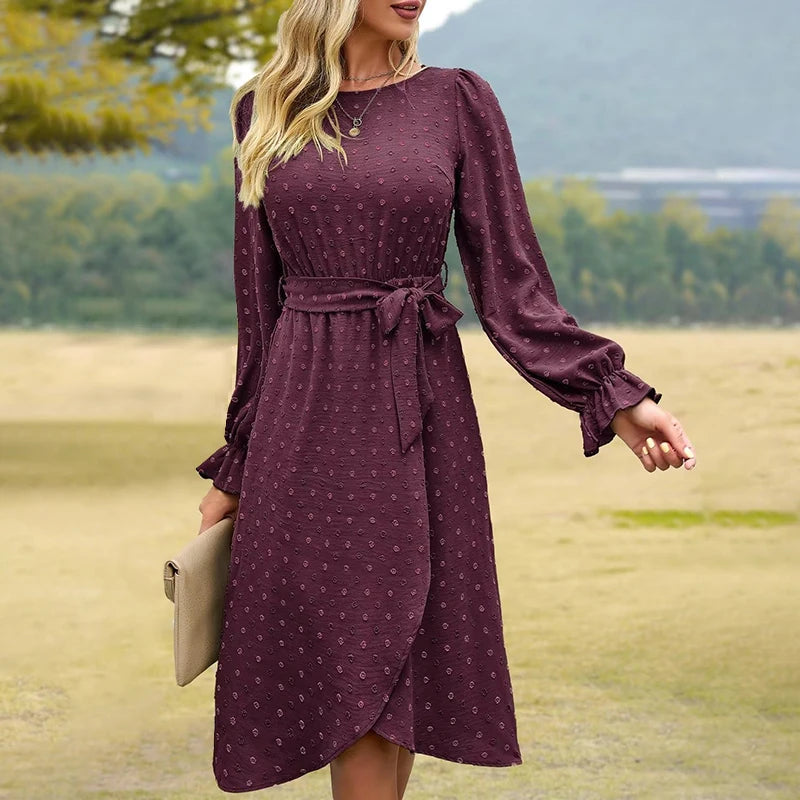 Summer Dresses for Women Belted Long Sleeve Split Midi Dress Casual Crew Neck Boho Sundress With Pockets