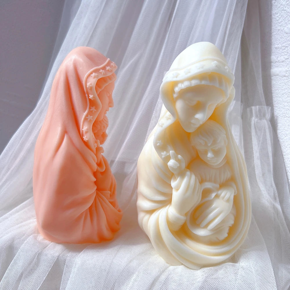 Madonna and Child Statue Silicone Mold Catholic Art Blessed Virgin Mary With Baby Jesus Sculpture Candle Mold