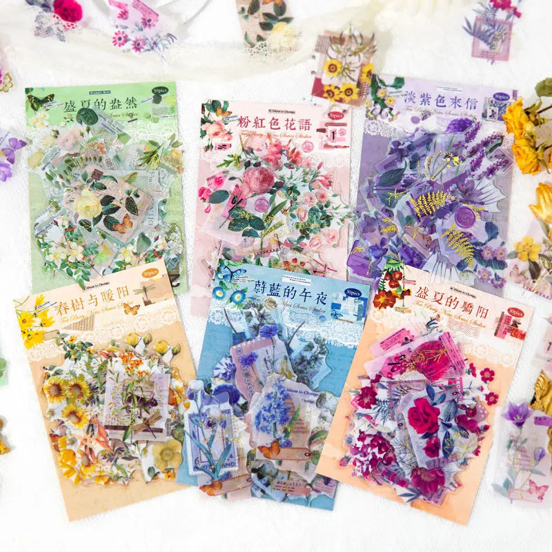 Pack of 30 Pet Gold Foil Stickers Tea Party Notes Series Flower Hand Account Material for Collage Decoration 6 Models