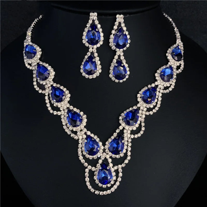 Fashion Glamour Bridal Earring Necklace Set Multicolor Crystal Rhinestone Jewelry Party Wedding Gifts Necklace for Women Girls