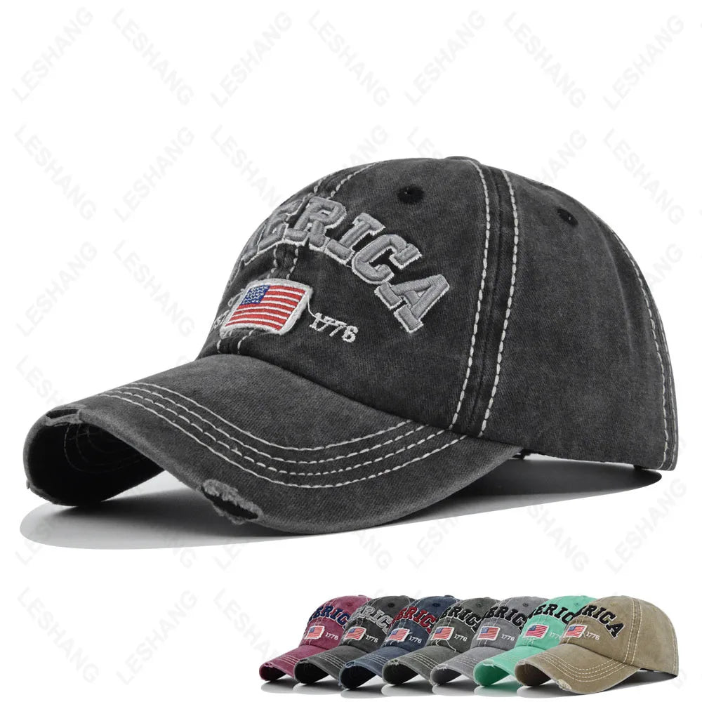 Solid Colors America Flag Embroidered Patch Worn Out Baseball Caps Custom Logo 6 Panel Cotton Dad Hats