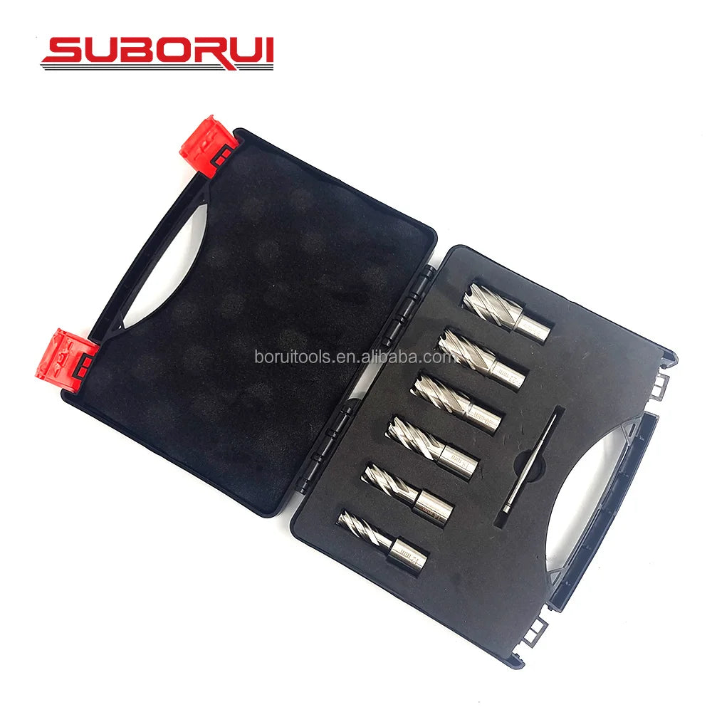 SUBORUI 3/4 Inch Weldon Shank Annular Cutter Set 6pcs Magnetic Steel Core Drill Bit With Pilot Pin HSS Slugger Bits Drill Press