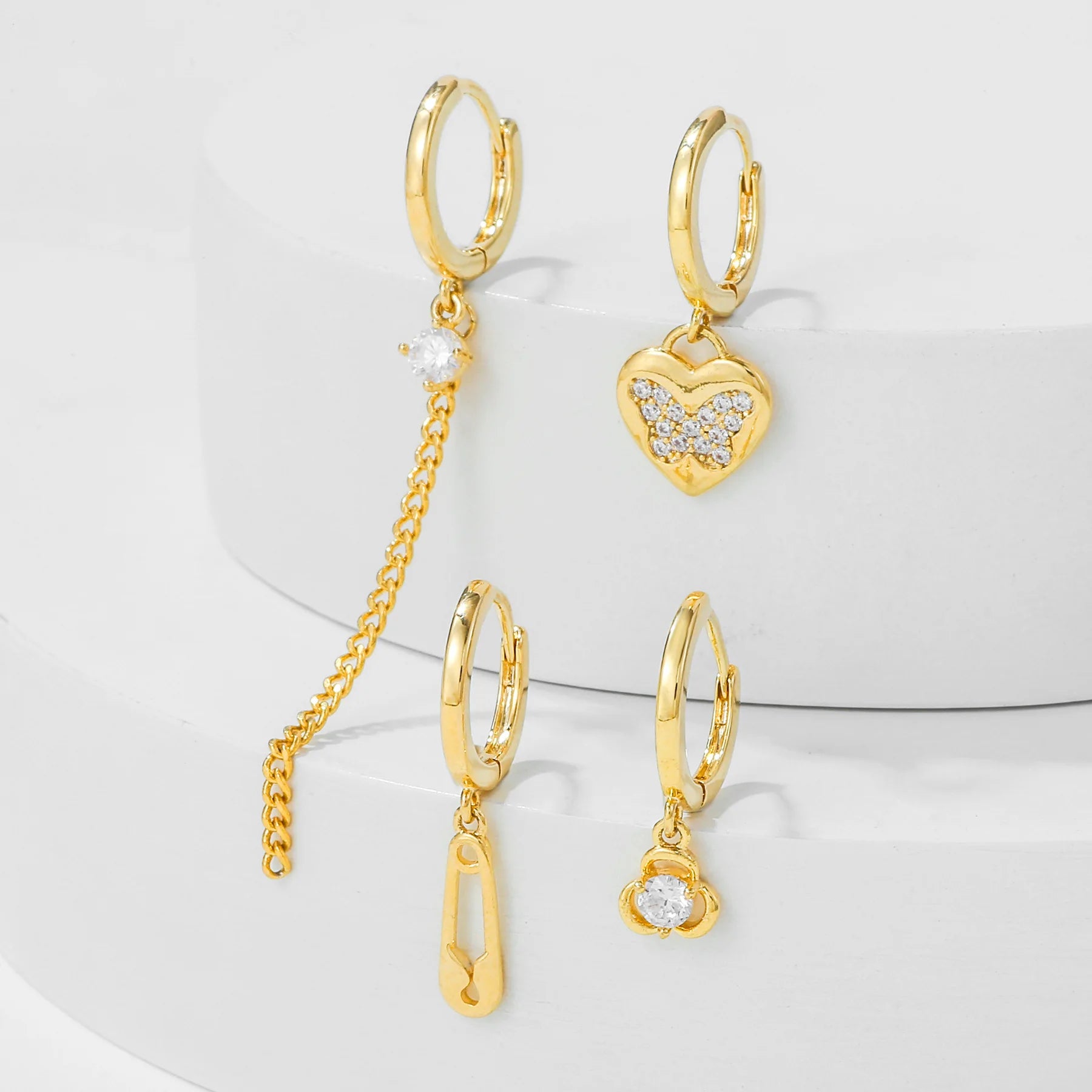Fashion Jewelry Simple Geometric Shape Four-Piece 18K Gold Plated Brass Earrings Set Heart Zircon Earrings Earrings for Women